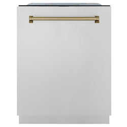 ZLINE Autograph Edition 24 in. Monument Series 3rd Rack Dishwasher with Auto Door Open Drying, 44dBa, Stainless Steel Panel with Champagne Bronze Handle (DWMTZ-304-24-CB)