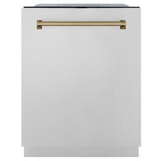 ZLINE Autograph Edition 24 in. Monument Series 3rd Rack Dishwasher with Auto Door Open Drying, 44dBa, Stainless Steel Panel with Champagne Bronze Handle (DWMTZ-304-24-CB)