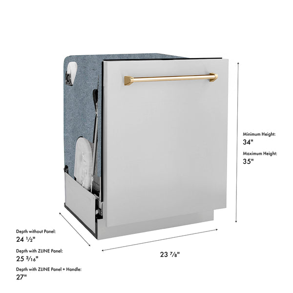 ZLINE Autograph Edition 24 in. Monument Series 3rd Rack Dishwasher with Auto Door Open Drying, 44dBa, Stainless Steel Panel with Polished Gold Handle (DWMTZ-304-24-G)