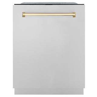 ZLINE Autograph Edition 24 in. Monument Series 3rd Rack Dishwasher with Auto Door Open Drying, 44dBa, Stainless Steel Panel with Polished Gold Handle (DWMTZ-304-24-G)