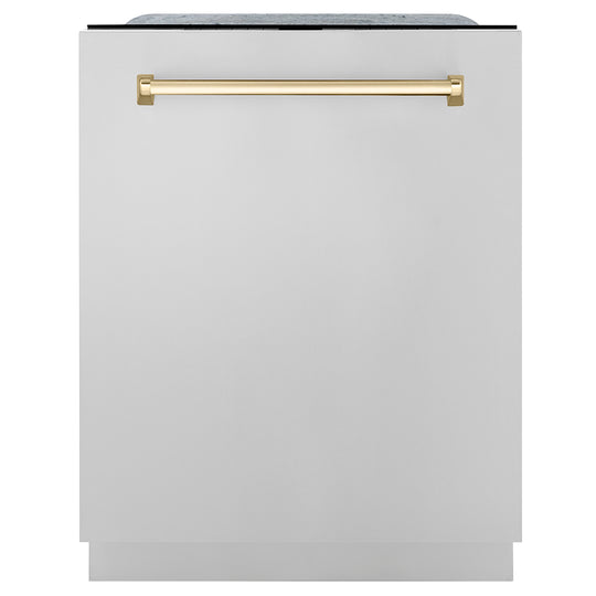ZLINE Autograph Edition 24 in. Monument Series 3rd Rack Dishwasher with Auto Door Open Drying, 44dBa, Stainless Steel Panel with Polished Gold Handle (DWMTZ-304-24-G)