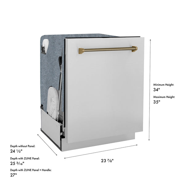 ZLINE Autograph Edition 24 in. Monument Series 3rd Rack Dishwasher with Auto Door Open Drying, 44dBa, Stainless Steel Panel with Champagne Bronze Helix Handle (DWMTZ-30424-KCB)