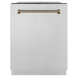 ZLINE Autograph Edition 24 in. Monument Series 3rd Rack Dishwasher with Auto Door Open Drying, 44dBa, Stainless Steel Panel with Champagne Bronze Helix Handle (DWMTZ-30424-KCB)