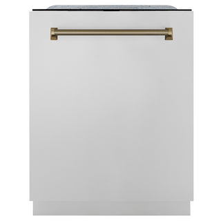 ZLINE Autograph Edition 24 in. Monument Series 3rd Rack Dishwasher with Auto Door Open Drying, 44dBa, Stainless Steel Panel with Champagne Bronze Helix Handle (DWMTZ-30424-KCB)