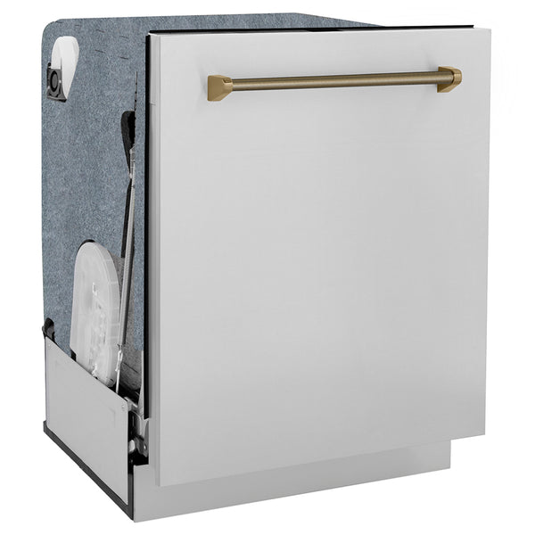 ZLINE Autograph Edition 24 in. Monument Series 3rd Rack Dishwasher with Auto Door Open Drying, 44dBa, Stainless Steel Panel with Champagne Bronze Helix Handle (DWMTZ-30424-KCB)