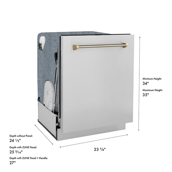 ZLINE Autograph Edition 24 in. Monument Series 3rd Rack Dishwasher with Auto Door Open Drying, 44dBa, Stainless Steel Panel with Polished Gold Handle (DWMTZ-304-24-G)