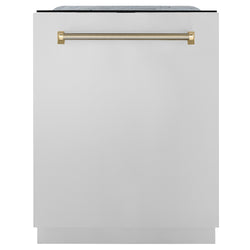 ZLINE Autograph Edition 24 in. Monument Series 3rd Rack Dishwasher with Auto Door Open Drying, 44dBa, Stainless Steel Panel with Polished Gold Handle (DWMTZ-304-24-G)