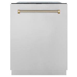 ZLINE Autograph Edition 24 in. Monument Series 3rd Rack Dishwasher with Auto Door Open Drying, 44dBa, Stainless Steel Panel with Polished Gold Handle (DWMTZ-304-24-G)
