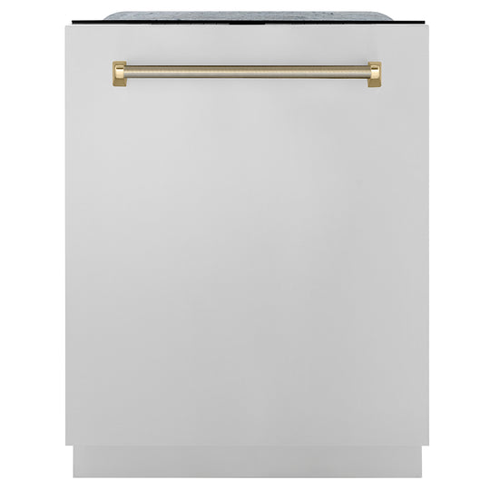 ZLINE Autograph Edition 24 in. Monument Series 3rd Rack Dishwasher with Auto Door Open Drying, 44dBa, Stainless Steel Panel with Polished Gold Helix Handle (DWMTZ-30424-KG)