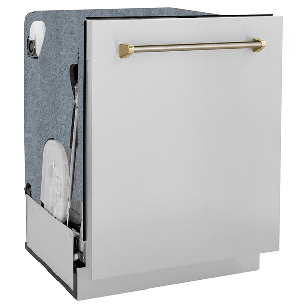 ZLINE Autograph Edition 24 in. Monument Series 3rd Rack Dishwasher with Auto Door Open Drying, 44dBa, Stainless Steel Panel with Polished Gold Handle (DWMTZ-304-24-G)