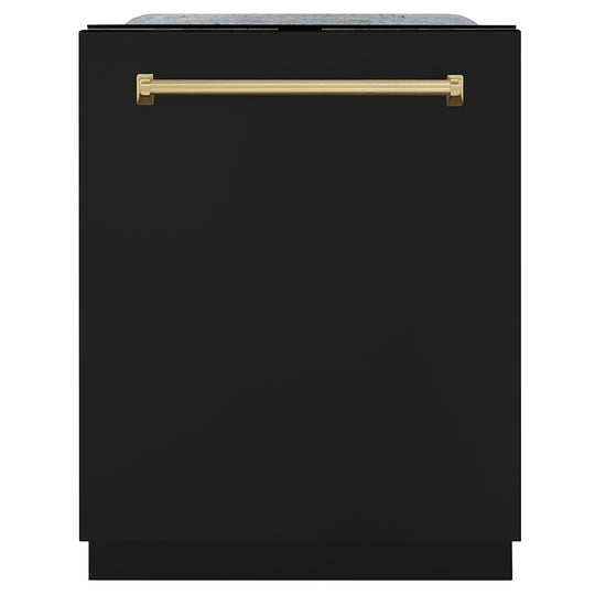 ZLINE Autograph Edition 24 in. Monument Series 3rd Rack Dishwasher with Auto Door Open Drying, 44dBa, Black Matte Panel with Champagne Bronze Handle (DWMTZ-BLM-24-CB)