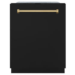 ZLINE Autograph Edition 24 in. Monument Series 3rd Rack Dishwasher with Auto Door Open Drying, 44dBa, Black Matte Panel with Polished Gold Handle (DWMTZ-BLM-24-G)