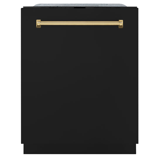 ZLINE Autograph Edition 24 in. Monument Series 3rd Rack Dishwasher with Auto Door Open Drying, 44dBa, Black Matte Panel with Polished Gold Handle (DWMTZ-BLM-24-G)