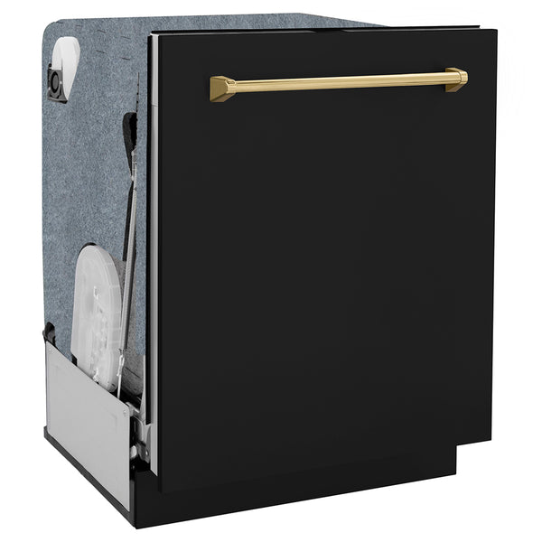 ZLINE Autograph Edition 24 in. Monument Series 3rd Rack Dishwasher with Auto Door Open Drying, 44dBa, Black Matte Panel with Polished Gold Handle (DWMTZ-BLM-24-G)