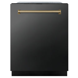 ZLINE Autograph Edition 24 in. Monument Series 3rd Rack Dishwasher with Auto Door Open Drying, 44dBa, Black Stainless Steel Panel with Champagne Bronze Handle (DWMTZ-BS-24-CB)