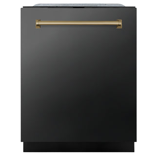 ZLINE Autograph Edition 24 in. Monument Series 3rd Rack Dishwasher with Auto Door Open Drying, 44dBa, Black Stainless Steel Panel with Champagne Bronze Handle (DWMTZ-BS-24-CB)