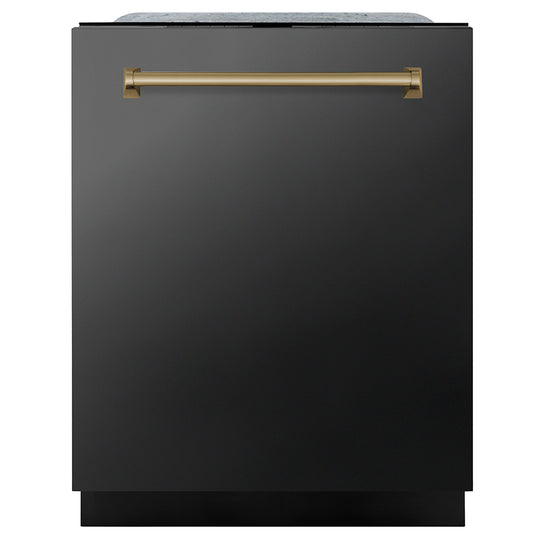 ZLINE Autograph Edition 24 in. Monument Series 3rd Rack Dishwasher with Auto Door Open Drying, 44dBa, Black Stainless Steel Panel with Champagne Bronze Handle (DWMTZ-BS-24-CB)