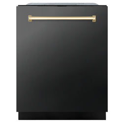 ZLINE Autograph Edition 24 in. Monument Series 3rd Rack Dishwasher with Auto Door Open Drying, 44dBa, Black Stainless Steel Panel with Polished Gold Handle (DWMTZ-BS-24-G)