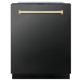 ZLINE Autograph Edition 24 in. Monument Series 3rd Rack Dishwasher with Auto Door Open Drying, 44dBa, Black Stainless Steel Panel with Polished Gold Handle (DWMTZ-BS-24-G)