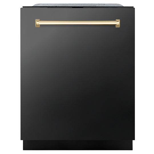 ZLINE Autograph Edition 24 in. Monument Series 3rd Rack Dishwasher with Auto Door Open Drying, 44dBa, Black Stainless Steel Panel with Polished Gold Handle (DWMTZ-BS-24-G)