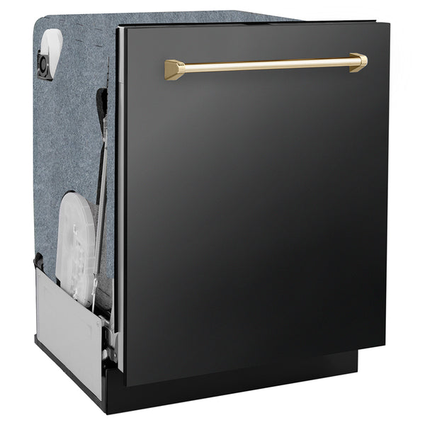 ZLINE Autograph Edition 24 in. Monument Series 3rd Rack Dishwasher with Auto Door Open Drying, 44dBa, Black Stainless Steel Panel with Polished Gold Handle (DWMTZ-BS-24-G)