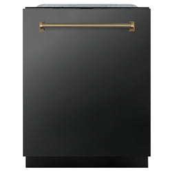 ZLINE Autograph Edition 24 in. Monument Series 3rd Rack Dishwasher with Auto Door Open Drying, 44dBa, Black Stainless Steel Panel with Champagne Bronze Helix Handle (DWMTZ-BS-24-KCB)