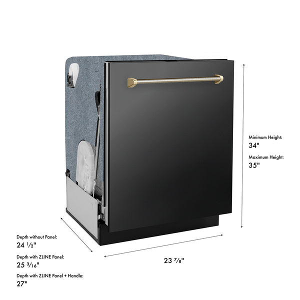 ZLINE Autograph Edition 24 in. Monument Series 3rd Rack Dishwasher with Auto Door Open Drying, 44dBa, Black Stainless Steel Panel with Polished Gold Helix Handle (DWMTZ-BS-24-KG)