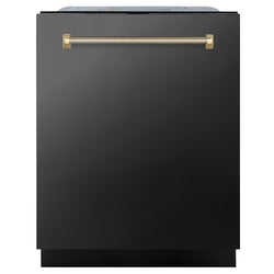 ZLINE Autograph Edition 24 in. Monument Series 3rd Rack Dishwasher with Auto Door Open Drying, 44dBa, Black Stainless Steel Panel with Polished Gold Helix Handle (DWMTZ-BS-24-KG)
