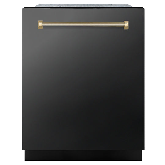 ZLINE Autograph Edition 24 in. Monument Series 3rd Rack Dishwasher with Auto Door Open Drying, 44dBa, Black Stainless Steel Panel with Polished Gold Helix Handle (DWMTZ-BS-24-KG)