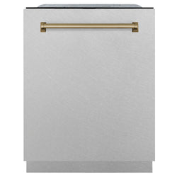 ZLINE Autograph Edition 24 in. Monument Series 3rd Rack Dishwasher with Auto Door Open Drying, 44dBa, Satin Stainless Steel Panel with Champagne Bronze Handle (DWMTZ-SN-24-CB)