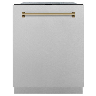 ZLINE Autograph Edition 24 in. Monument Series 3rd Rack Dishwasher with Auto Door Open Drying, 44dBa, Satin Stainless Steel Panel with Champagne Bronze Handle (DWMTZ-SN-24-CB)