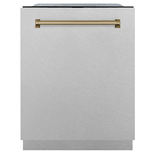 ZLINE Autograph Edition 24 in. Monument Series 3rd Rack Dishwasher with Auto Door Open Drying, 44dBa, Satin Stainless Steel Panel with Champagne Bronze Handle (DWMTZ-SN-24-CB)