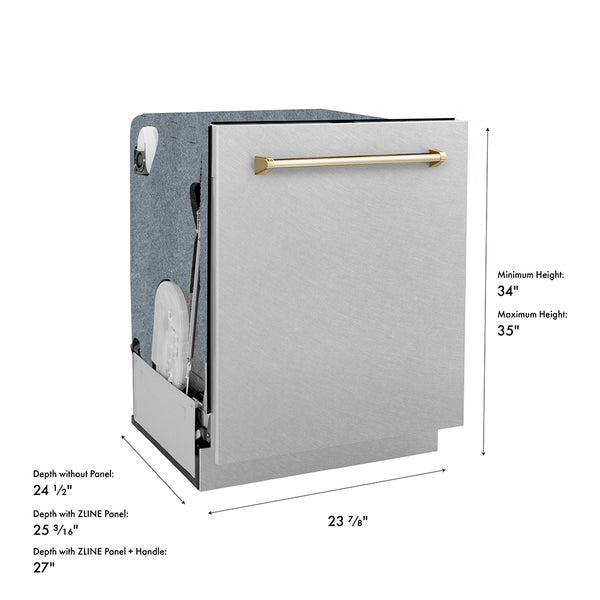 ZLINE Autograph Edition 24 in. Monument Series 3rd Rack Dishwasher with Auto Door Open Drying, 44dBa, Satin Stainless Steel Panel with Polished Gold Handle (DWMTZ-SN-24-G)