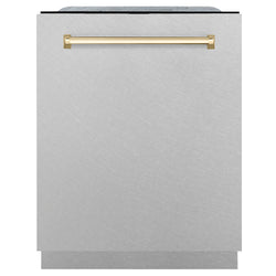 ZLINE Autograph Edition 24 in. Monument Series 3rd Rack Dishwasher with Auto Door Open Drying, 44dBa, Satin Stainless Steel Panel with Polished Gold Handle (DWMTZ-SN-24-G)
