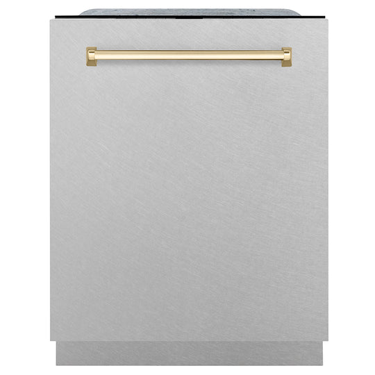 ZLINE Autograph Edition 24 in. Monument Series 3rd Rack Dishwasher with Auto Door Open Drying, 44dBa, Satin Stainless Steel Panel with Polished Gold Handle (DWMTZ-SN-24-G)