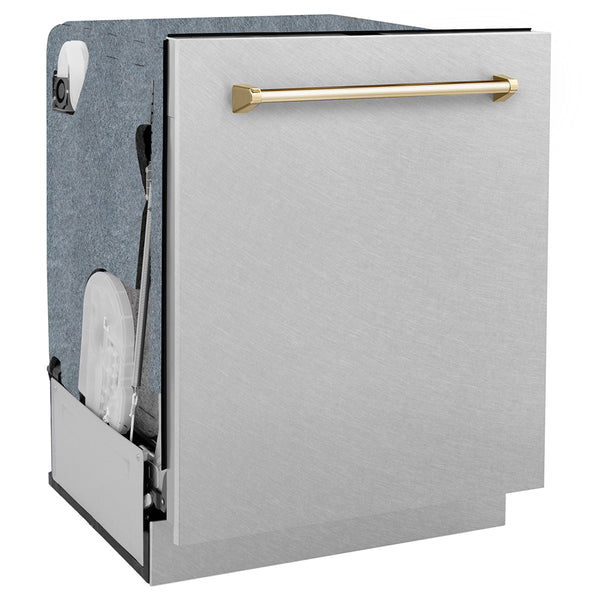 ZLINE Autograph Edition 24 in. Monument Series 3rd Rack Dishwasher with Auto Door Open Drying, 44dBa, Satin Stainless Steel Panel with Polished Gold Handle (DWMTZ-SN-24-G)