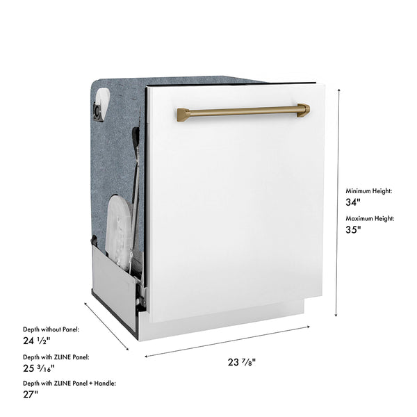 ZLINE Autograph Edition 24 in. Monument Series 3rd Rack Dishwasher with Auto Door Open Drying, 44dBa, White Matte Panel with Champagne Bronze Handle (DWMTZ-WM-24-CB)
