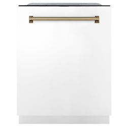 ZLINE Autograph Edition 24 in. Monument Series 3rd Rack Dishwasher with Auto Door Open Drying, 44dBa, White Matte Panel with Champagne Bronze Handle (DWMTZ-WM-24-CB)