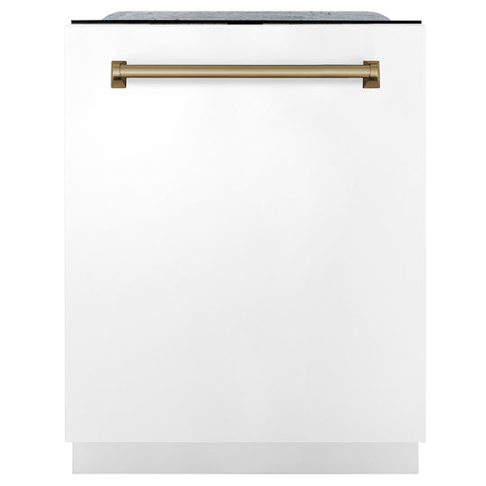 ZLINE Autograph Edition 24 in. Monument Series 3rd Rack Dishwasher with Auto Door Open Drying, 44dBa, White Matte Panel with Champagne Bronze Handle (DWMTZ-WM-24-CB)