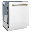ZLINE Autograph Edition 24 in. Monument Series 3rd Rack Dishwasher with Auto Door Open Drying, 44dBa, White Matte Panel with Champagne Bronze Handle (DWMTZ-WM-24-CB)