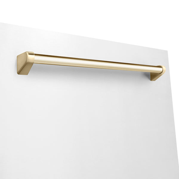ZLINE Autograph Edition 24 in. Monument Series 3rd Rack Dishwasher with Auto Door Open Drying, 44dBa, White Matte Panel with Polished Gold Handle (DWMTZ-WM-24-G)
