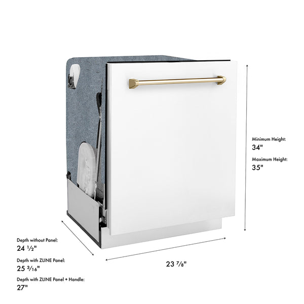 ZLINE Autograph Edition 24 in. Monument Series 3rd Rack Dishwasher with Auto Door Open Drying, 44dBa, White Matte Panel with Polished Gold Handle (DWMTZ-WM-24-G)