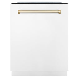 ZLINE Autograph Edition 24 in. Monument Series 3rd Rack Dishwasher with Auto Door Open Drying, 44dBa, White Matte Panel with Polished Gold Handle (DWMTZ-WM-24-G)