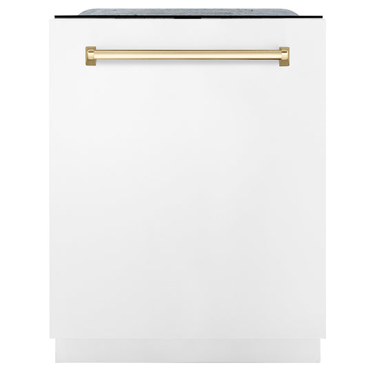 ZLINE Autograph Edition 24 in. Monument Series 3rd Rack Dishwasher with Auto Door Open Drying, 44dBa, White Matte Panel with Polished Gold Handle (DWMTZ-WM-24-G)