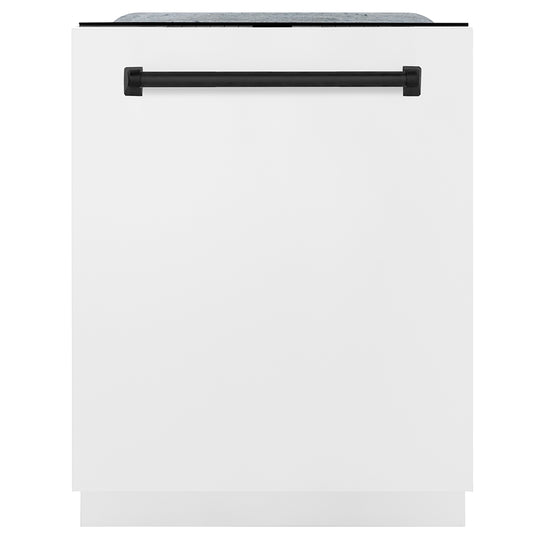 ZLINE Autograph Edition 24 in. Monument Series 3rd Rack Dishwasher with Auto Door Open Drying, 44dBa, White Matte Panel with Matte Black Handle (DWMTZ-WM-24-MB)