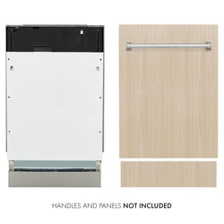 ZLINE 18 in. Tallac Series 3rd Rack Top Control Dishwasher in Custom Panel Ready with Stainless Steel Tub, 51dBa (DWV-18) front, next to NOT INCLUDED custom panel with handle.
