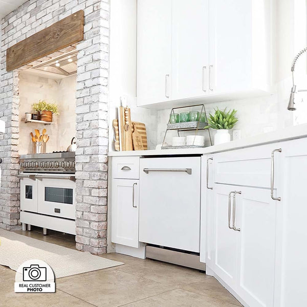 Real customer photo ZLINE white matte dishwasher in white kitchen