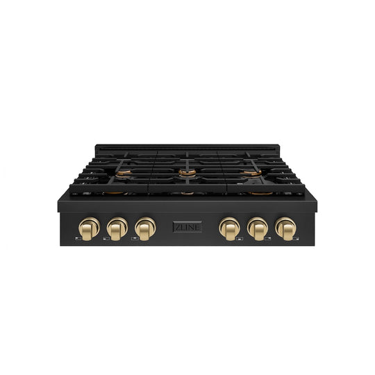 ZLINE Autograph Edition 36 in. Paramount Gas Rangetop with 6 Burners and Porcelain Cooktop in Black Stainless Steel with Champagne Bronze Accents, Open Box-Great Condition