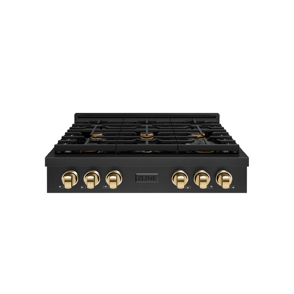 ZLINE 36 in. Autograph Edition Paramount Gas Rangetop with 6 Burners and Porcelain Cooktop in Black Stainless Steel with Polished Gold Accents (SRTBZ-36-G)