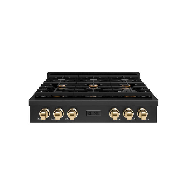 ZLINE Autograph Edition 36 in. Paramount Gas Rangetop with 6 Burners and Porcelain Cooktop in Black Stainless Steel with Polished Gold Accents, Open Box-Good Condition